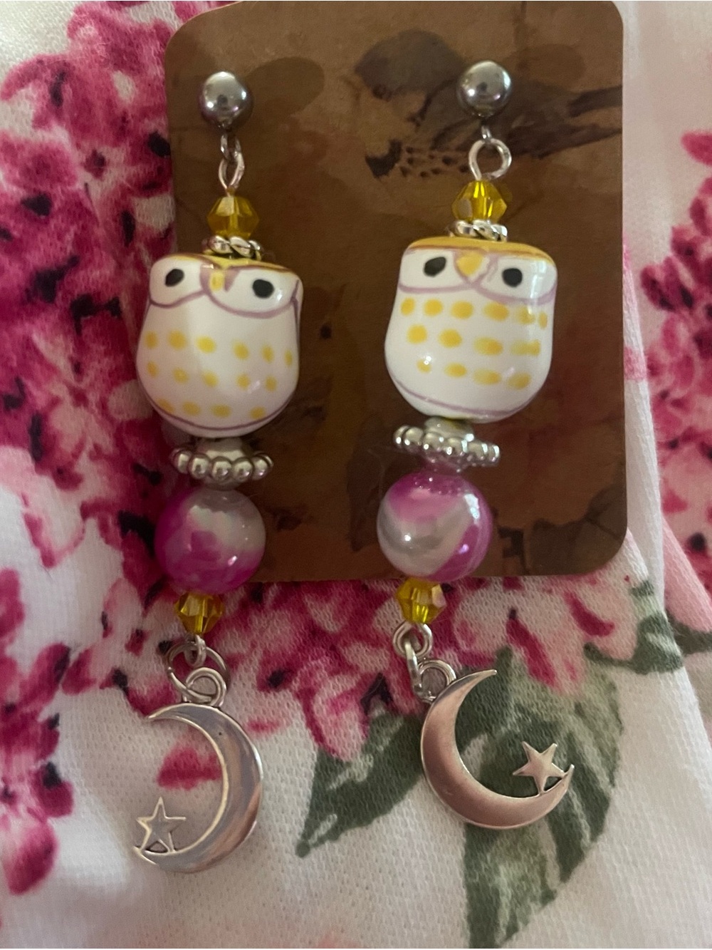 Hand Crafted Pink, Yellow & White Owl Dangle Earrings with Moon Charms - Picture 3 of 4